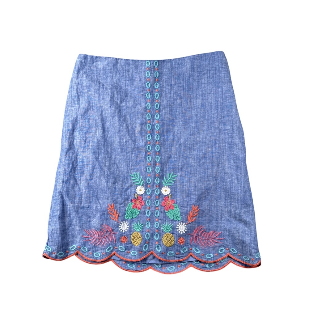 Talbots Skirt Womens 4 Blue Embroidered Scallop‎ Hem Flowers Pineapple Linen NWT